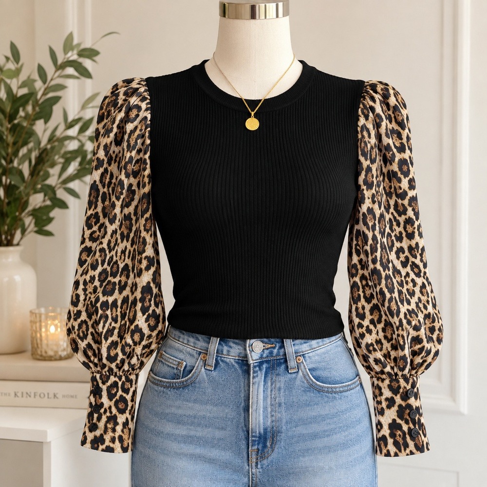 Zara Black Ribbed Knit Top Leopard Print Satin Puff Sleeve Mixed Media Size L